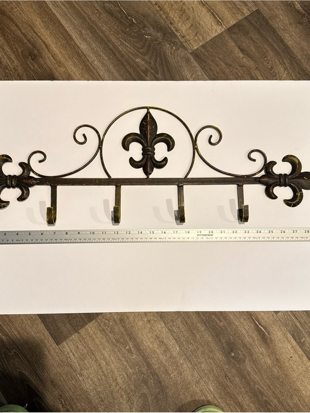 Ornate Fleur-de-Lis Metal Wall Hook Rack in Dark Bronze and Gold Accents